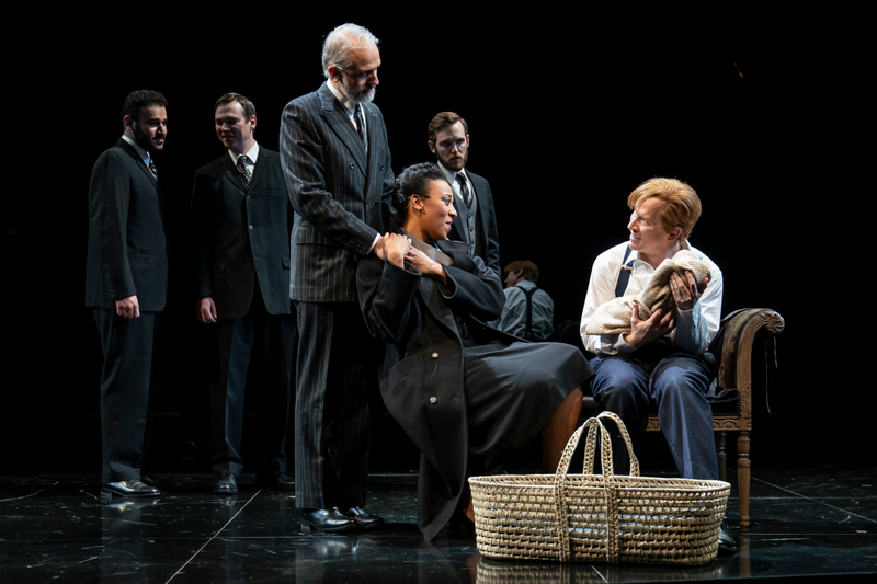 Martin Zebari (Cleomenes), left, Josh Carpenter (Dion), Henry Godinez (Camillo), Christiana Clark (Paulina), Christopher Sheard (Archidamus) and Dan Donohue (Leontes)